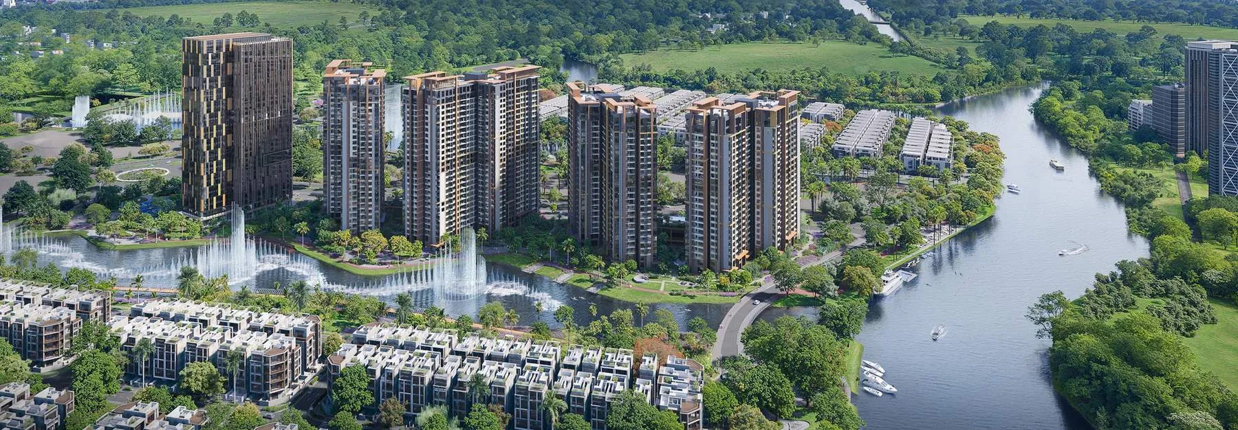 Phối cảnh từ trên cao Masteri Park Place bên dòng sông và kênh The Global City