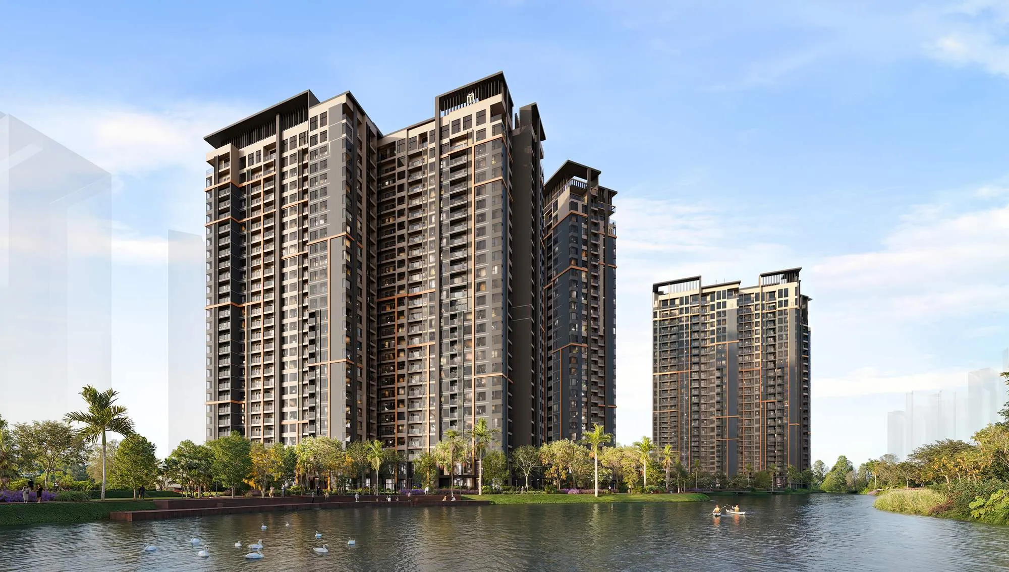 Các tòa Masteri Park Place nhìn từ mặt nước ban ngày (hình minh họa)