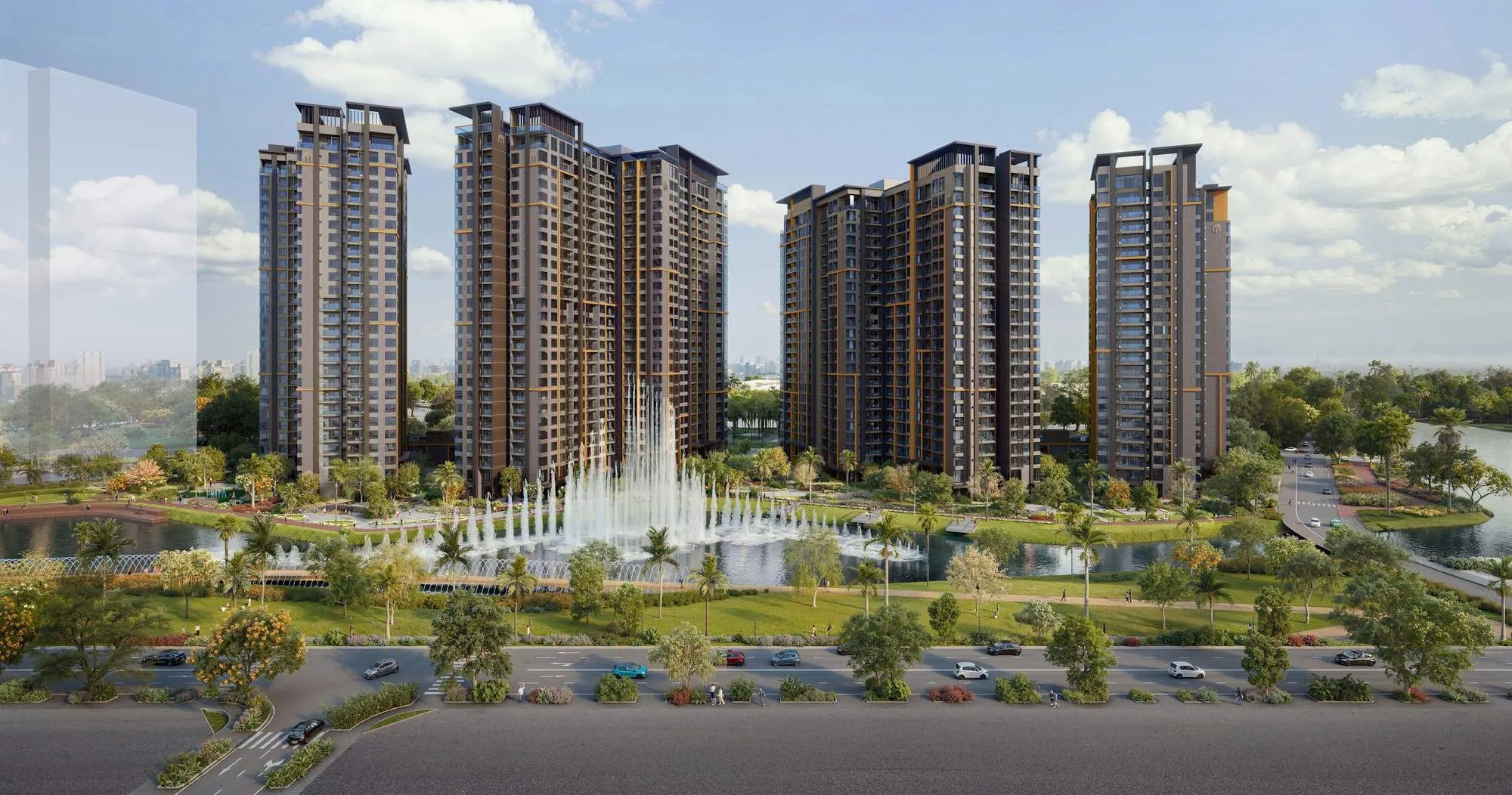 Bốn tòa Masteri Park Place bên kênh nhạc nước ban ngày (hình minh họa)