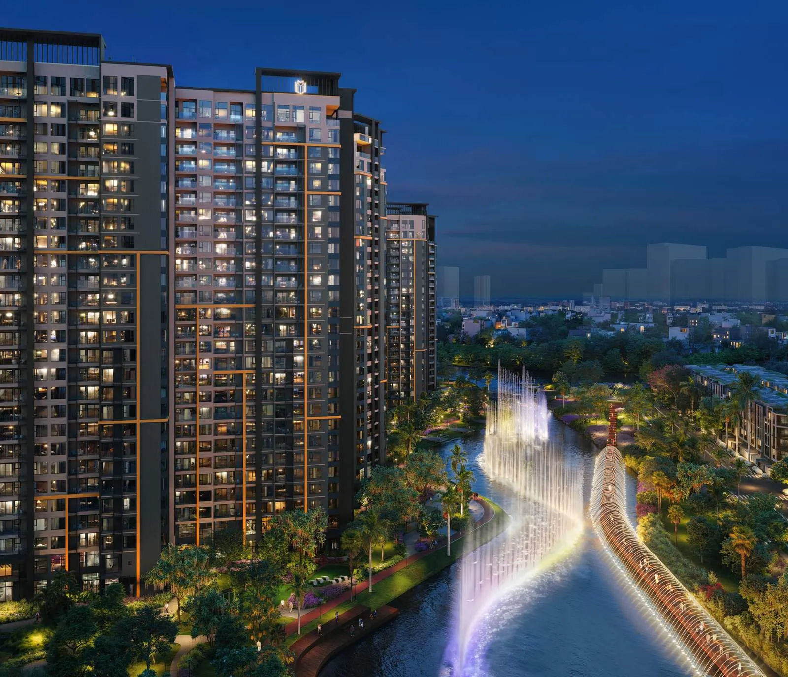 Nhạc nước trên kênh trước các tòa Masteri Park Place về đêm (hình minh họa)