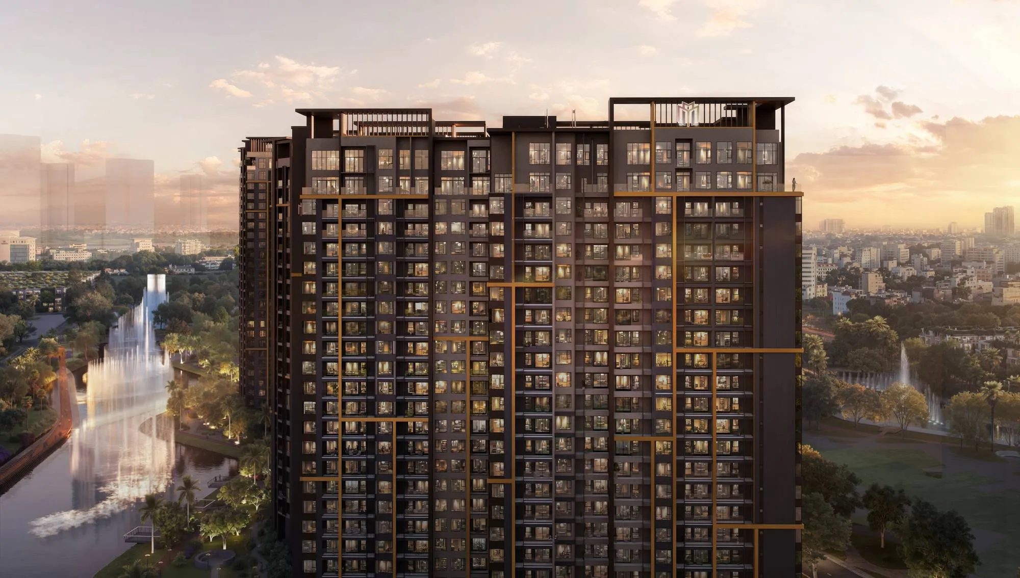 Ánh nắng sớm chiếu lên mặt đứng tòa tháp Masteri Park Place bên dòng kênh — hình ảnh ý tưởng “Sống đầy mỗi bình minh”