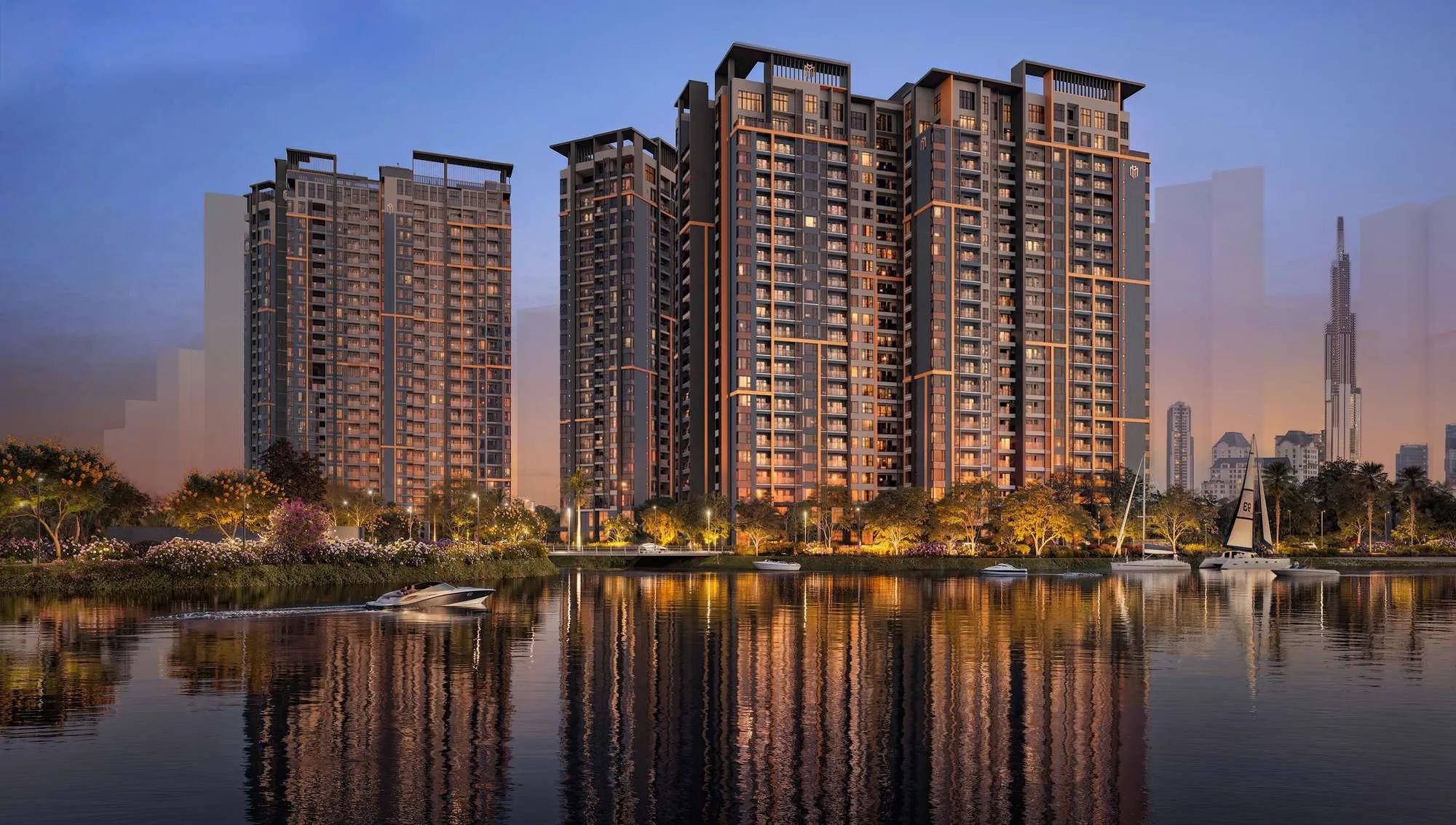 Phối cảnh Masteri Park Place lúc chạng vạng, các tòa tháp soi bóng trên mặt nước The Global City