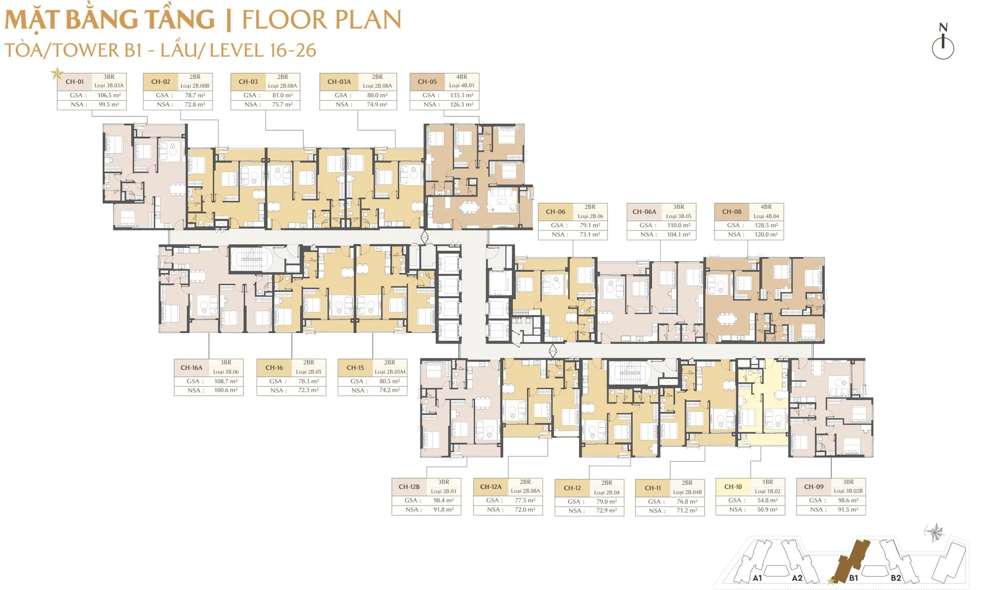 Mặt bằng tầng điển hình tòa B1 tầng 16–26 Masteri Park Place