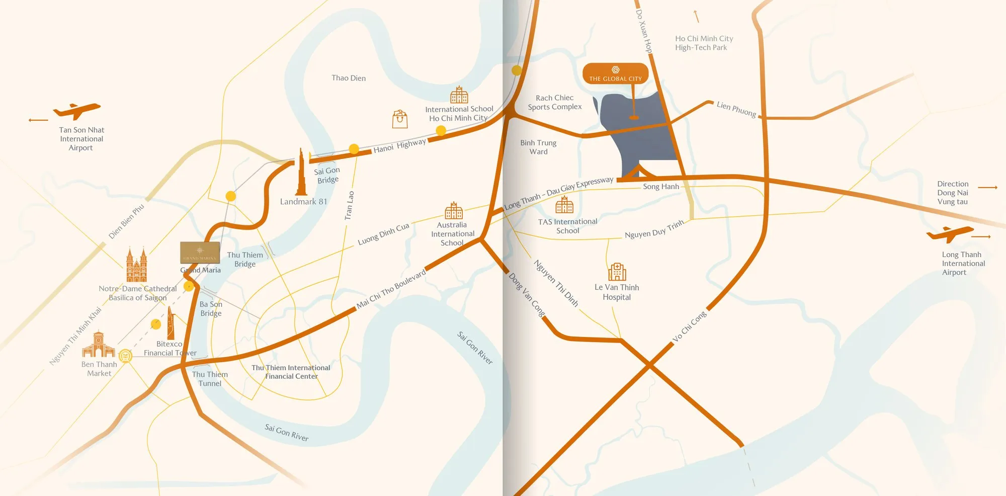 Bản đồ kết nối Masteri Park Place – The Global City tới Thảo Điền, Thủ Thiêm, trung tâm TP.HCM và hai sân bay