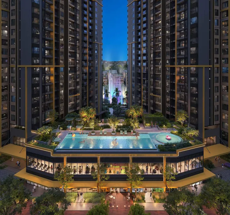 Hồ bơi giữa hai tòa tháp lúc lên đèn