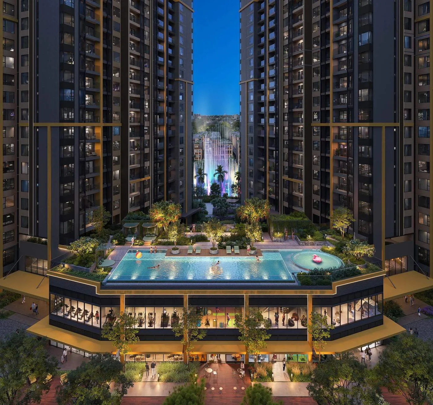 Hồ bơi giữa hai tòa tháp Masteri Park Place lúc lên đèn (hình minh họa)