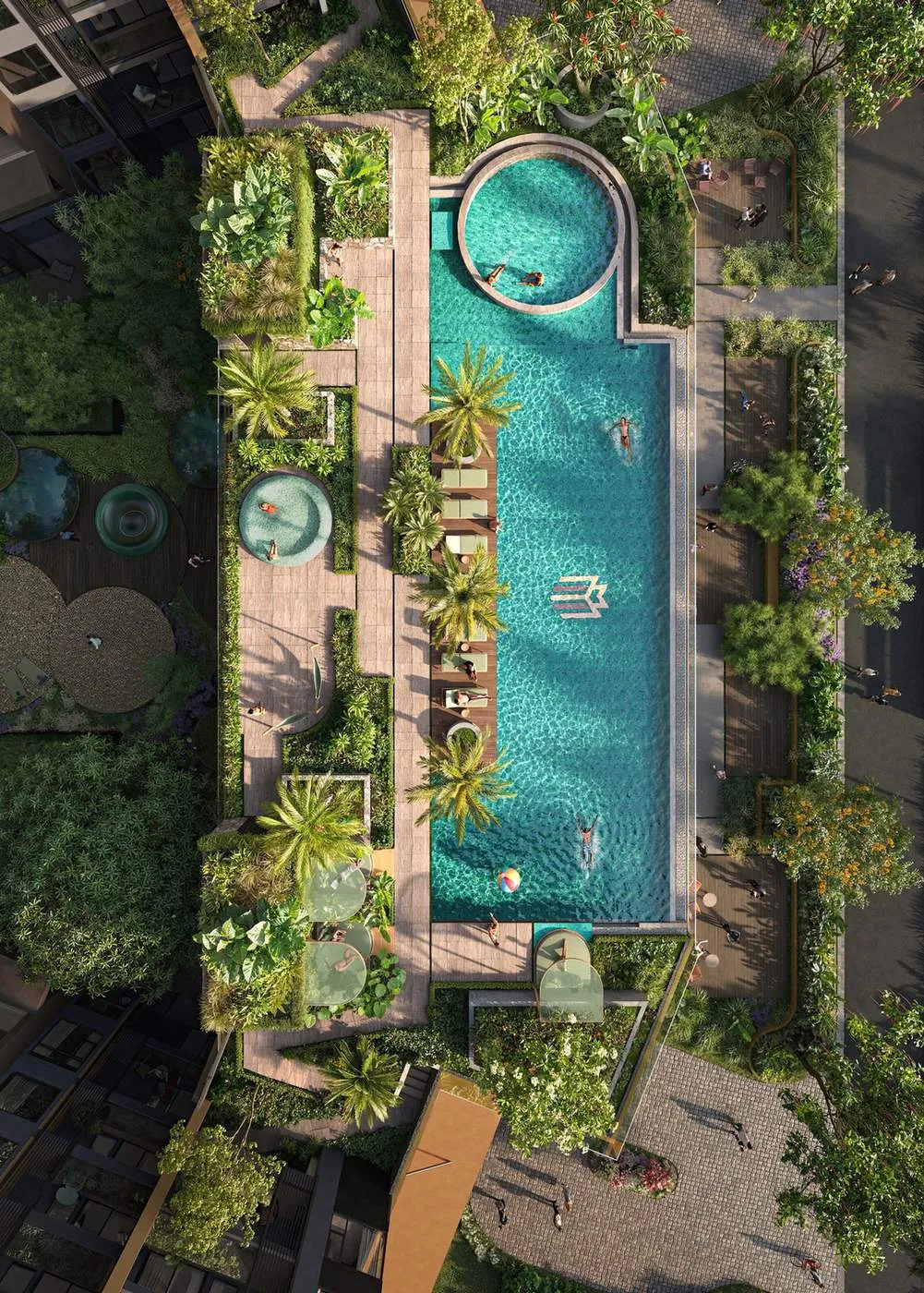 Hồ bơi ngoài trời giữa cây xanh Masteri Park Place nhìn từ trên cao (hình minh họa)