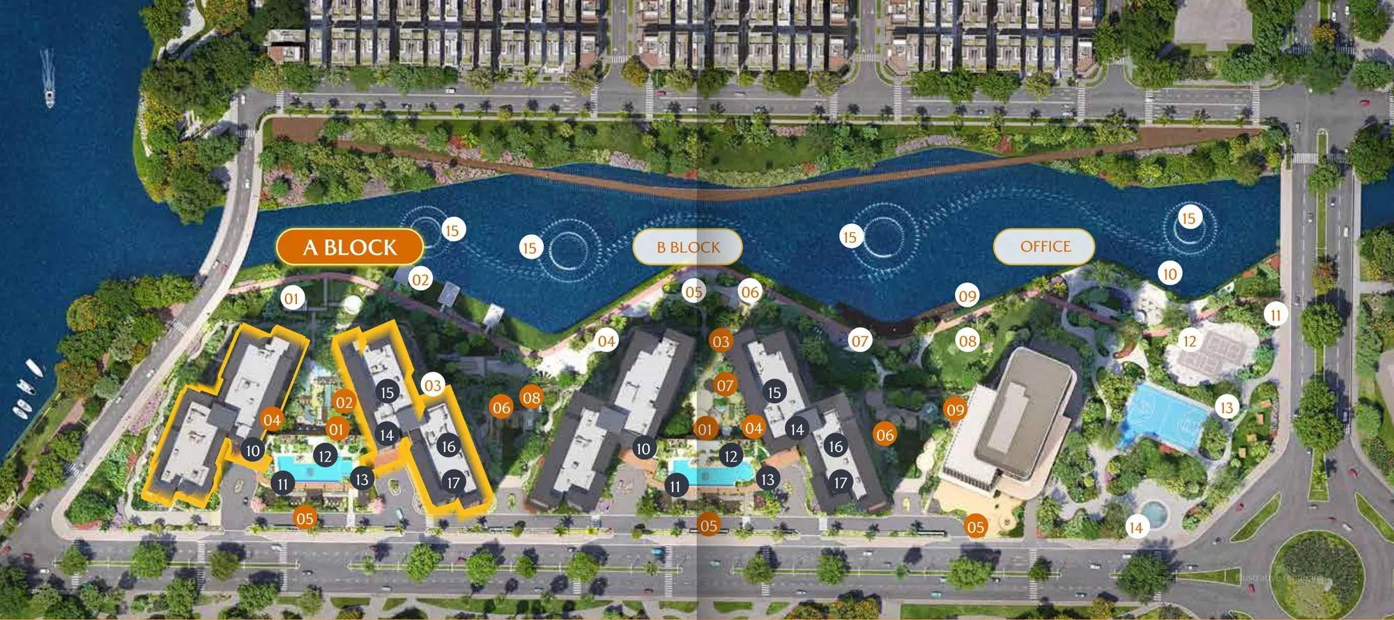 Mặt bằng tiện ích tổng thể Masteri Park Place: khối A, khối B, khu văn phòng và kênh nhạc nước phía trước