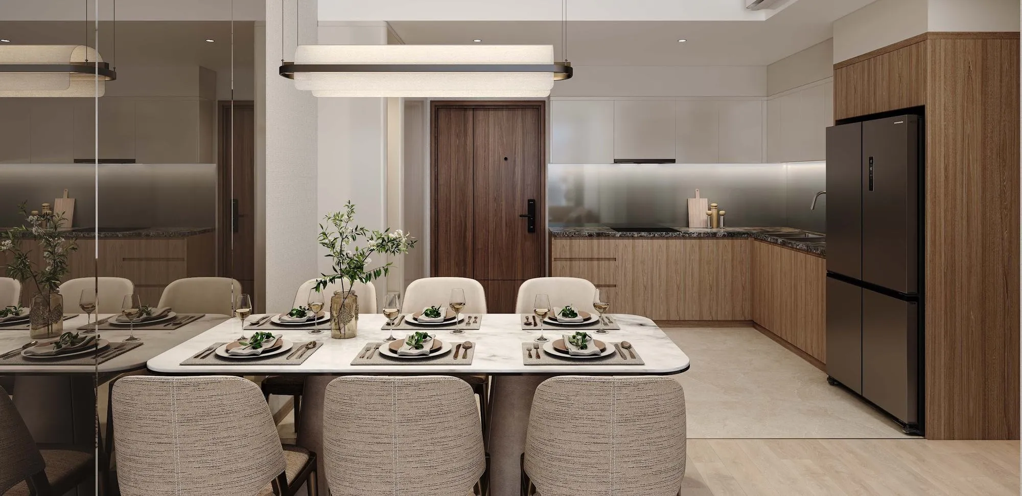 Phối cảnh phòng khách – bếp căn hộ mẫu Masteri Park Place (hình minh họa)
