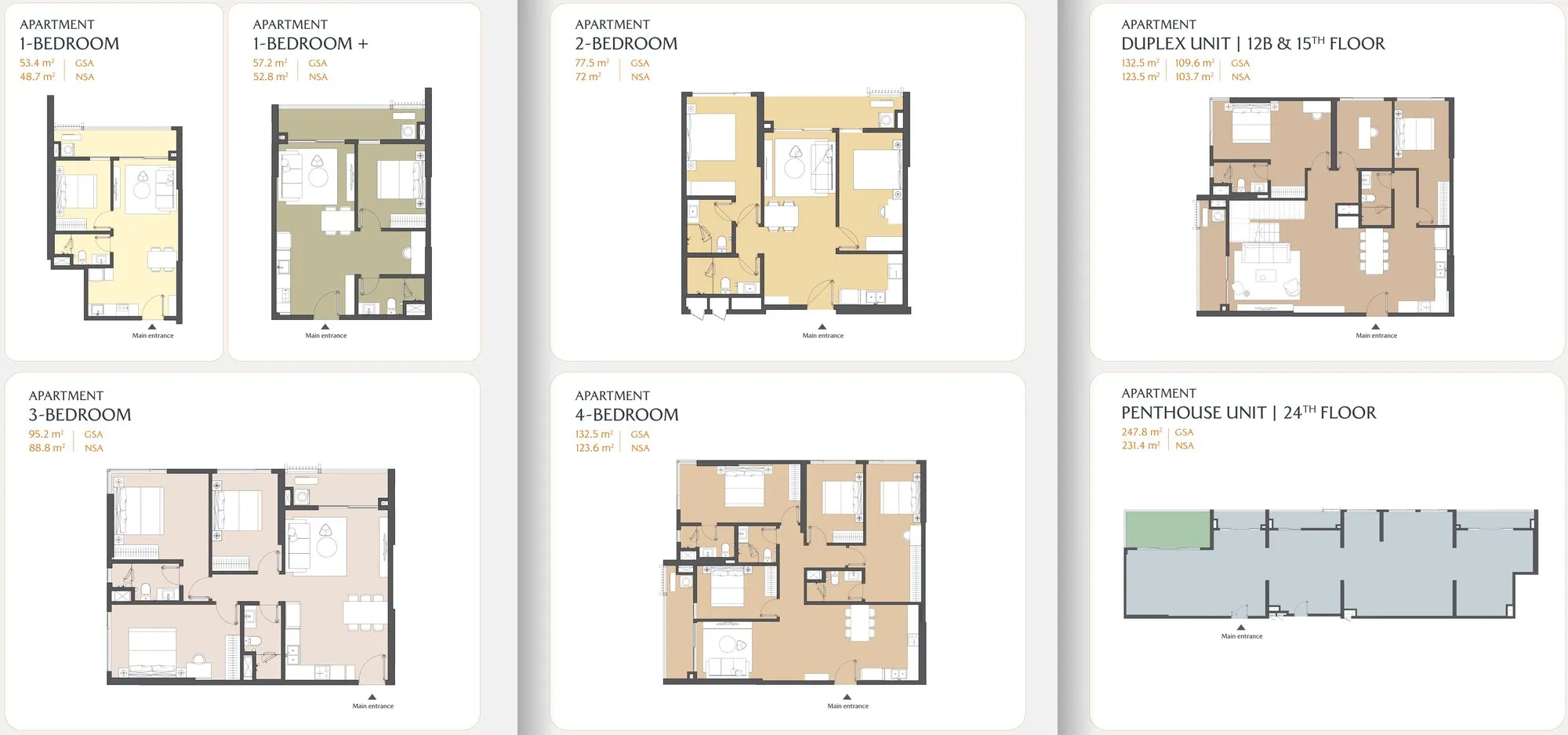 Mặt bằng căn hộ điển hình Masteri Park Place: 1PN, 1PN+, 2PN, 3PN, 4PN, Duplex tầng 12B & 15 và Penthouse tầng 24